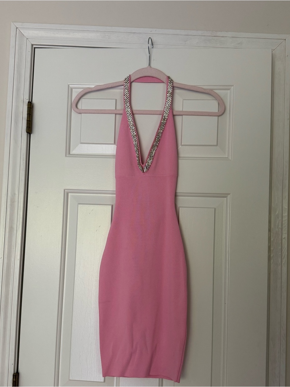 Pink Halter Bodycon Dress with Embellished Neckline